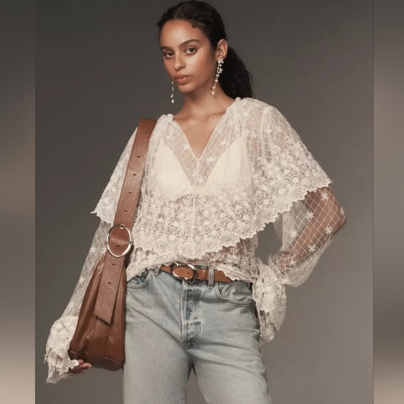 Anthropologie Tops - ANTHROPOLOGIE Forever That Girl Long-SleeveLace-Bib Blouse. Size S NWT